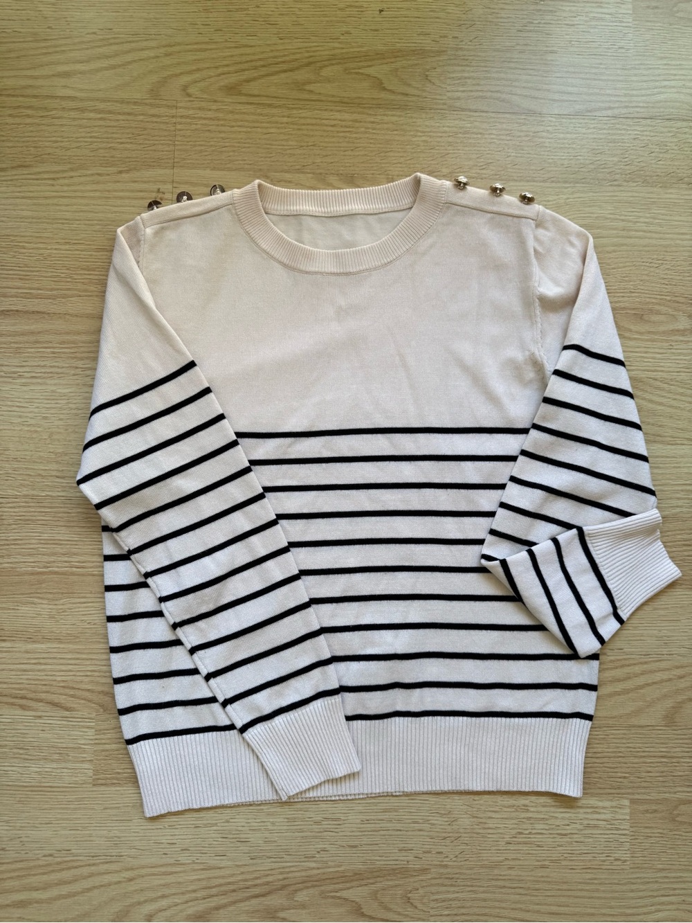 Source Unknown Cream and Black Striped Crewneck Sweater with Shoulder Buttons